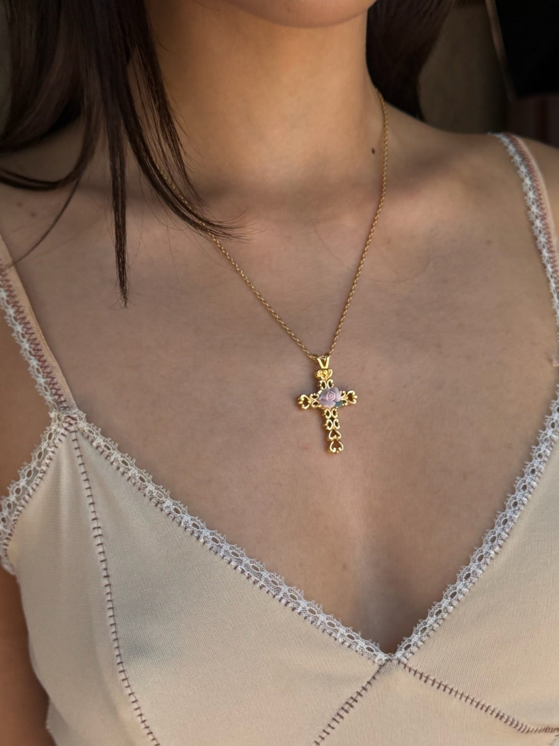 Braided Rose Cross Gold Tone Necklace