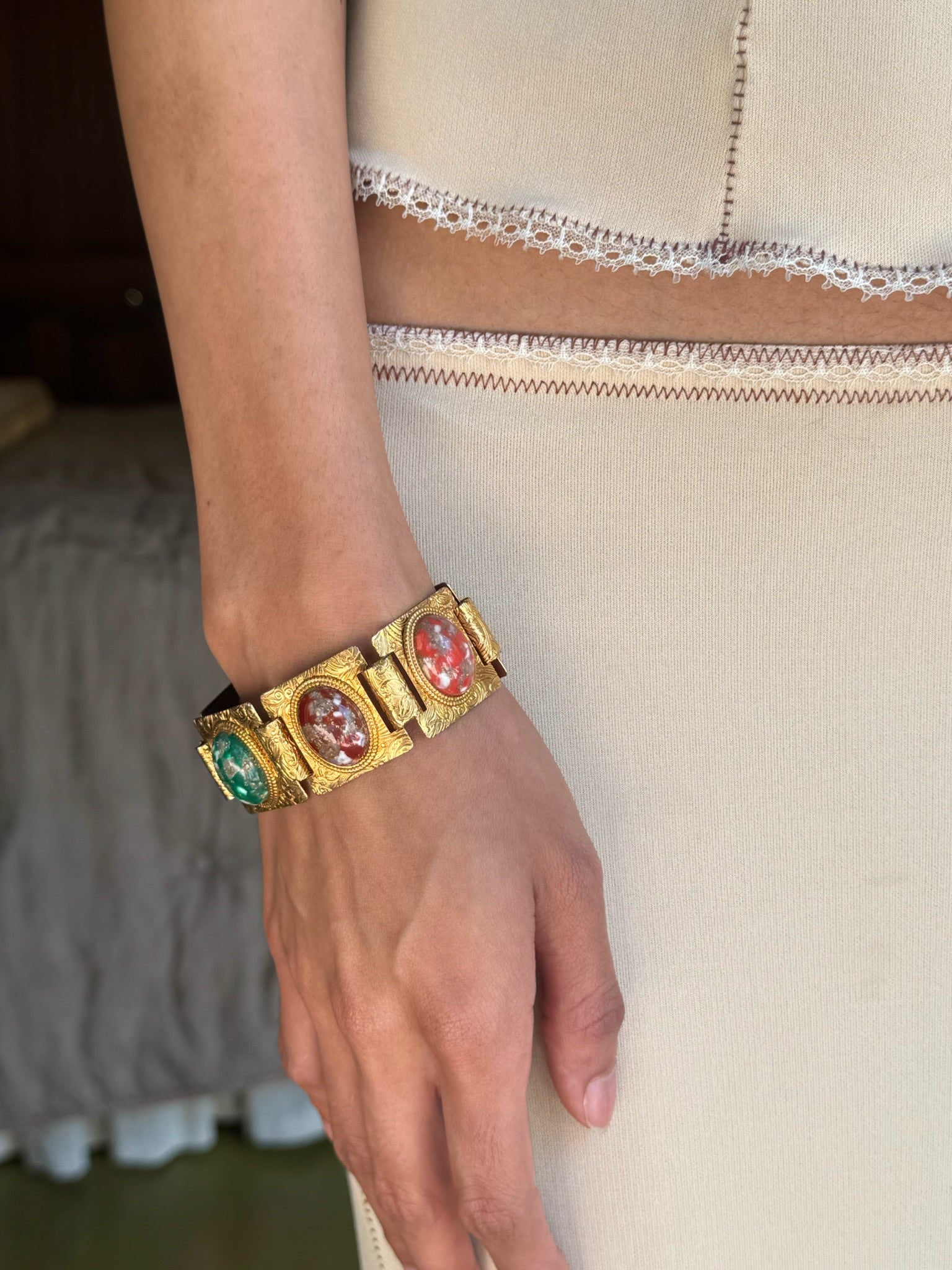 Antique Square-Linked Bracelet with Resin Stations